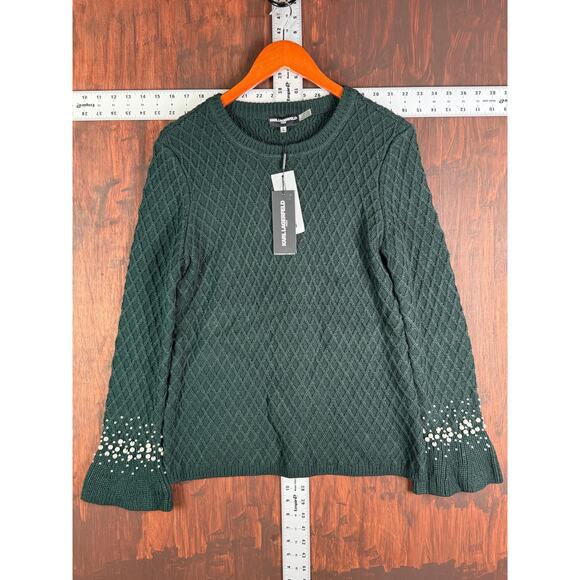Karl Langerfeld Paris Quilted Pearl Sleeve Sweater Dark‎ Green Womens Small NEW - Picture 2 of 8